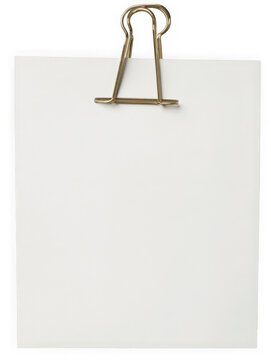 Blank white paper sheet held by a gold binder clip isolated on transparent background