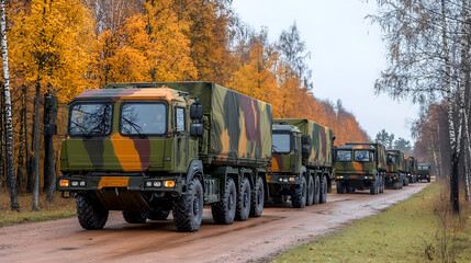 Military trucks convoy on a dirt road, autumn forest backdrop. Camo-patterned trucks, multiple vehicles, in a row, moving along a rural path lined by vibrant fall foliage