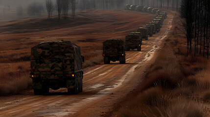 Military vehicles convoy on a dirt road through a desolate landscape.  A long line of trucks, camouflaged, travels down a rutted track,  surrounded by barren land and trees