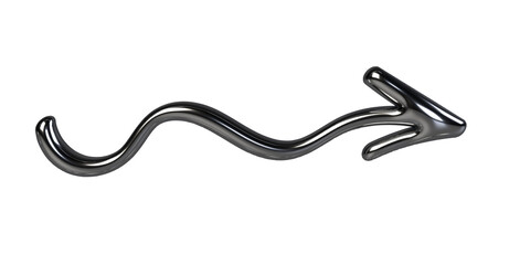Single wavy 3d arrow moving to the right. Chrome finish makes it perfect for flexibility, motion, or dynamic concepts. The design features a sinuous curve, conveying a sense of motion and flexibility.
