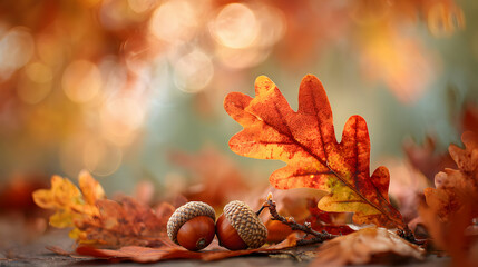 Vibrant autumn oak leaves and acorns capture the season's warm, golden glow