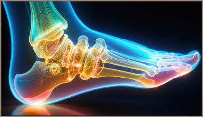 X ray of a human foot and ankle with glowing neon blue and orange highlights