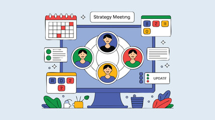 AI Generate Online Strategy Meeting Illustration Business Teamwork Concept Digital Communication Collaboration Remote Webinar Conference
