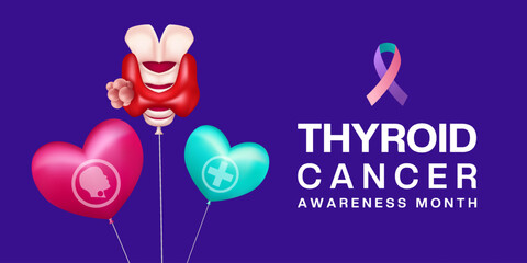 September is Thyroid Cancer Awareness Month. Thyroid, human and plus icon. Great for posters, banners and social media. Purple background.