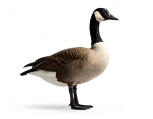 A Canada goose stands in profile against a plain white background, showcasing its distinctive black head and neck, and brown and white body.