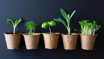 Obraz premium Diverse Seedlings Growing in Biodegradable Pots on Dark Background Promoting Sustainability and Growth