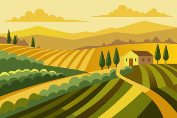 Stylized farmhouse and rolling fields under a warm sky