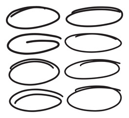 Hand drawn scribbled ovals various. Collection of outlined shapes. Vector doodle marker drawing, check marks, doodle oval. Freehand black underline elements. Doodle school art mark icons vector
