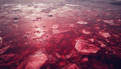 Red-tinted ice-covered water