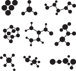 Collection of diverse molecular structures in a minimalist black silhouette