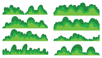 Obraz premium Set of bushes vector illustration. Various green bush and grass elements collections. Bush cartoon tree isolated on white. Green grass silhouette. Lines of plants, shrubs for boarding and framing