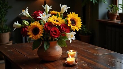Still life of sunflowers roses and lilies in a vase with candles on a wooden table top - Powered by Adobe