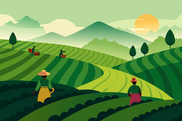 Farmers harvesting crops on lush green terraced hills under a setting sun