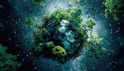 Fototapeta premium Earth, lush with greenery, surrounded by debris, in a dark cosmos
