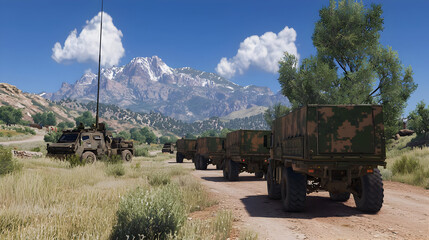 Military convoy on a dirt road, mountains in the background. Camouflaged trucks travel along a scenic route through a grassy valley, towards a snow-capped mountain range