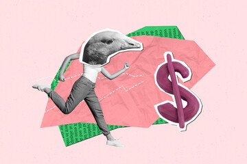 Surreal image collage of person duch face run fast with dollars symbol on pink background