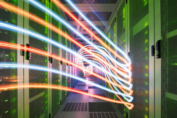 Colorful network waves traveling in server room of data center