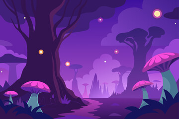 Enchanting purple alien forest with glowing mushrooms and strange trees