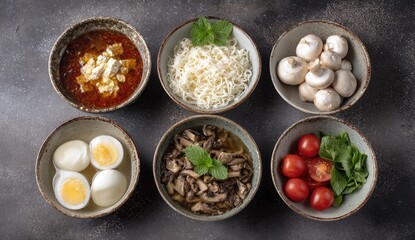 Six small bowls of assorted ingredients