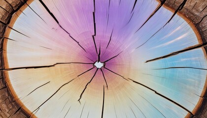Cross section of a cut wood tree trunk slice with wavy pattern cracks and rings sawed down from the woods