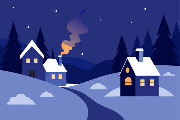 Fototapeta premium Cozy winter night with snow covered houses and smoke from chimney