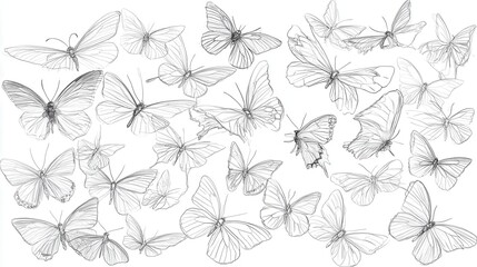 Fototapeta premium Many detailed line drawings of butterflies in flight.