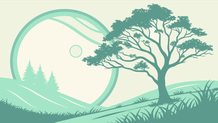 Mint green landscape illustration with trees hills and abstract circle nature scenery vector design art