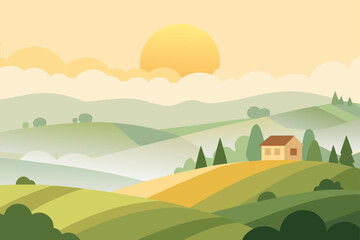 Peaceful rolling hills with a house at sunrise
