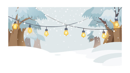Winter forest scene with snow covered trees and string lights vector illustration festive holiday background