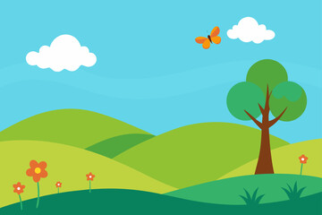 Obraz premium Vibrant cartoon landscape with rolling hills a tree flowers and a butterfly