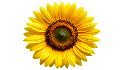 Bright and cheerful sunflower clipart with vibrant yellow petals, green leaves, artistically styled and fully isolated on a transparent PNG background.