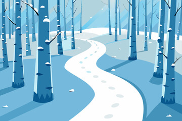 Snowy forest path with footprints and tall trees