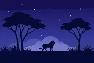 Lion silhouetted against a starry savanna night sky