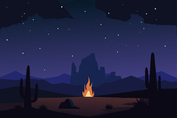 Desert night scene with campfire and starry sky