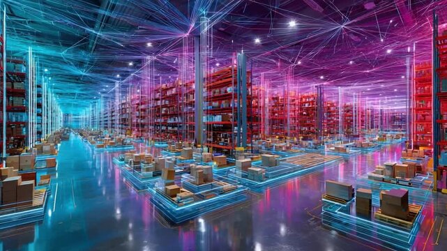 Cyber Warehouse: A vibrant, high-tech warehouse, awash in neon hues, showcases an advanced supply chain ecosystem with orderly rows of storage and an intricate network of data flow.
