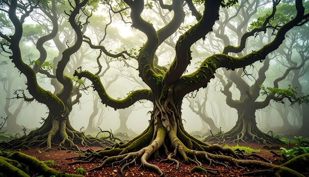 Mystical forest scene with large, moss-covered trees and exposed roots in a misty atmosphere