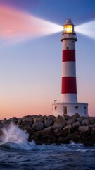 Obraz premium Scenic Lighthouse on Rugged Coast, Coastal Beauty, Guiding Light, Solitude. Perfect for maritime tourism, landscape photography, inspiration, vertical shot