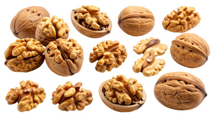 Whole and peeled walnuts with rich brown shells and textured kernels, realistically arranged and fully isolated on a clean white background — perfect for food packaging, healthy snack visuals.