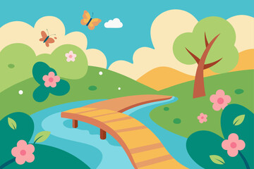 Whimsical nature scene with butterflies and a bridge