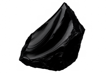 Polished obsidian stone reflecting luminous highlights, revealing glossy black surface with pristine translucent backdrop