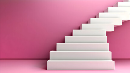 White steps ascend against a pink wall.  Simple, minimalist design.  Empty space, suggesting growth, opportunity, or new beginnings