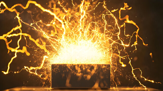 Golden sparks erupt from a dark box.  Bright,  explosive energy bursts forth