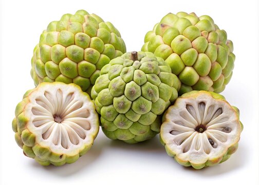 Fresh Custard Apples on a White Background with Two Halved Fruits