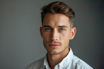 Closeup portrait of man with blue eyes and white shirt