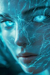 Close-up portrait of a futuristic AI face with glowing eyes
