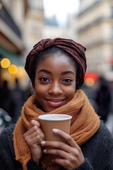 Smiling Black woman holding coffee cup outdoors