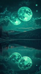 A double moon in the sky, glowing green on both moons