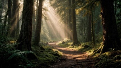 Obraz premium Ancient Forest Path, Nature's Embrace, Solitude, Rejuvenation. Ideal for wellness retreats, outdoor enthusiasts, mindfulness