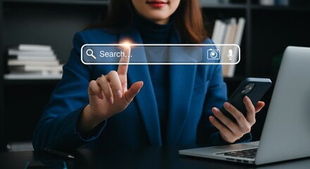 Modern Digital Search Concept with Businesswoman Using Touch Interface.