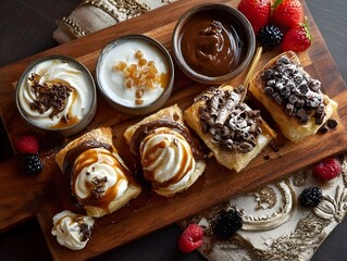 Fototapeta premium Caramel, Cream, and Chocolate Pastries on Dessert Board – Top View